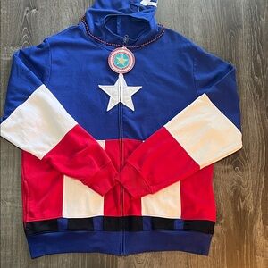 Marvel Adult 2X Superhero Hoodie - Blue, Red, White with beaded necklace.